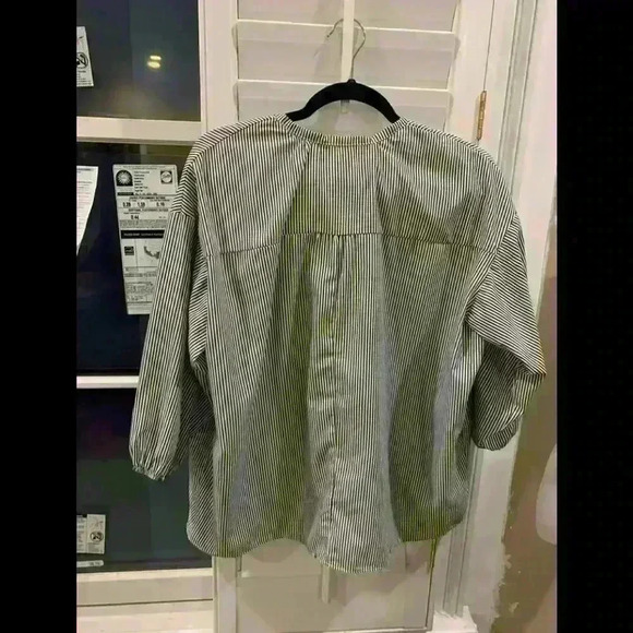 Black & white striped blouse with colorful Pom Pom tie - Picture 2 of 3